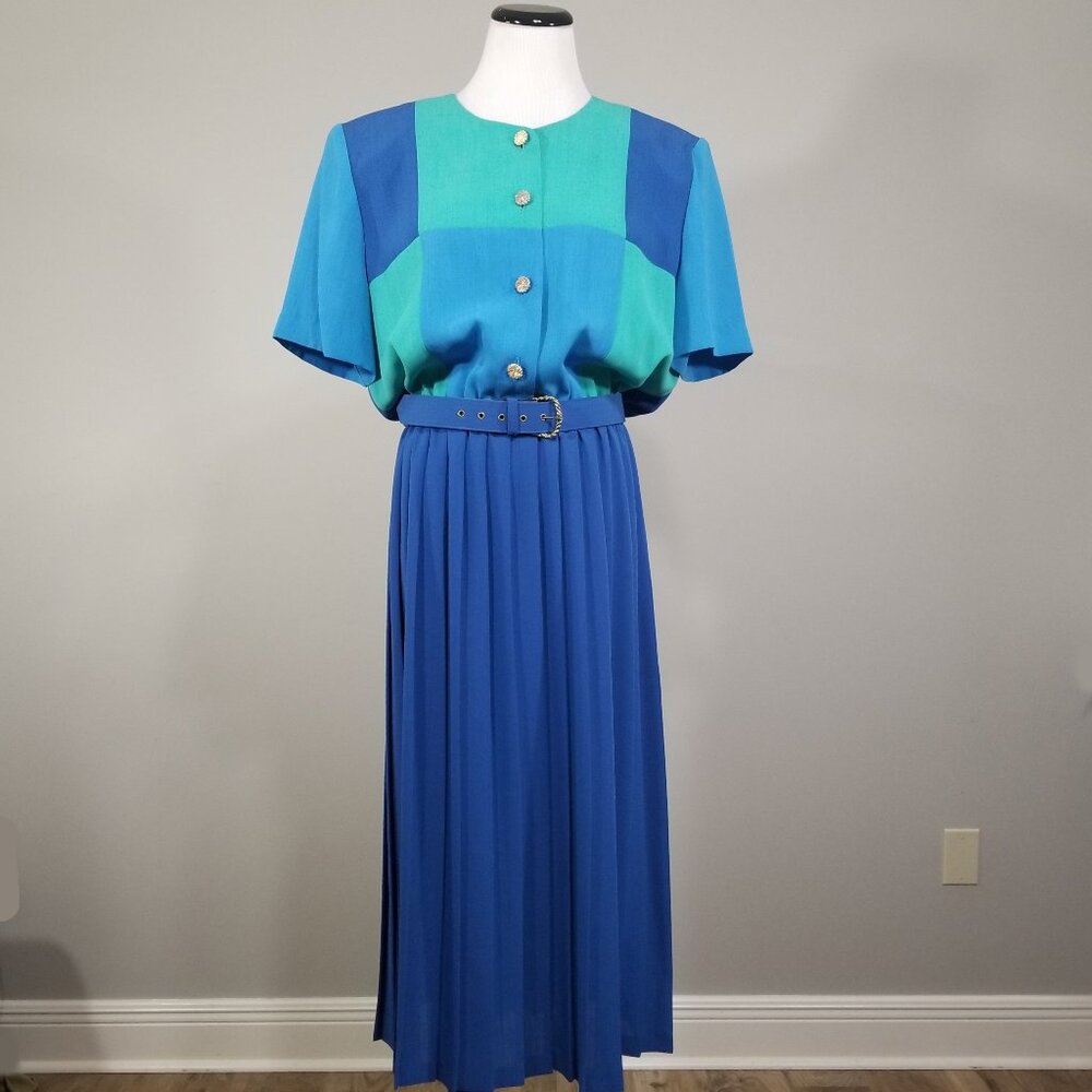 Vintage Leslie Fay Patchwork Colorblock Pleated Midi Dress 16 80s Retro Belted